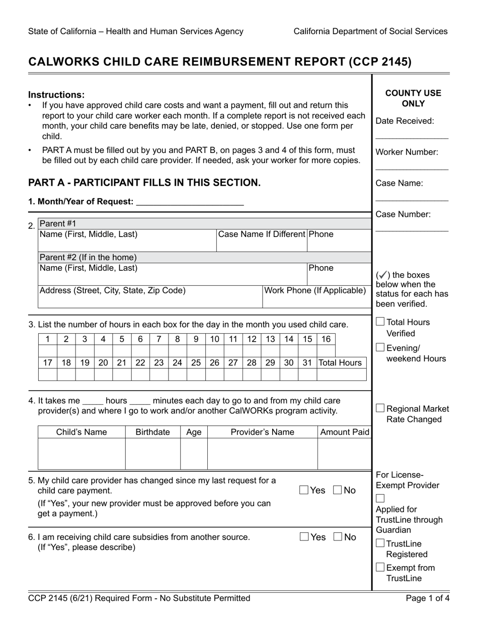 Form CCP2145 Calworks Child Care Reimbursement Report - California, Page 1