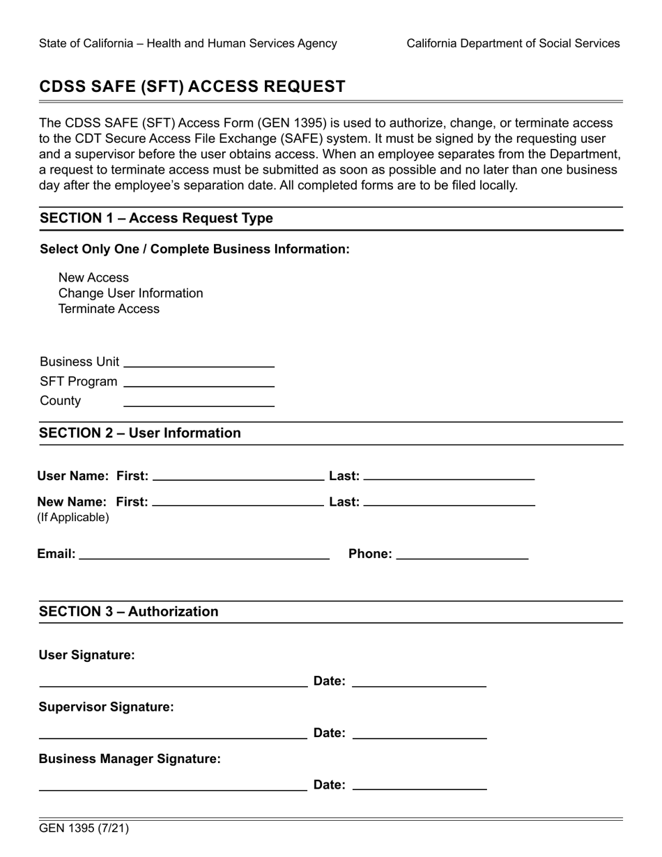 Form GEN1395 Cdss Safe (Sft) Access Request - California, Page 1