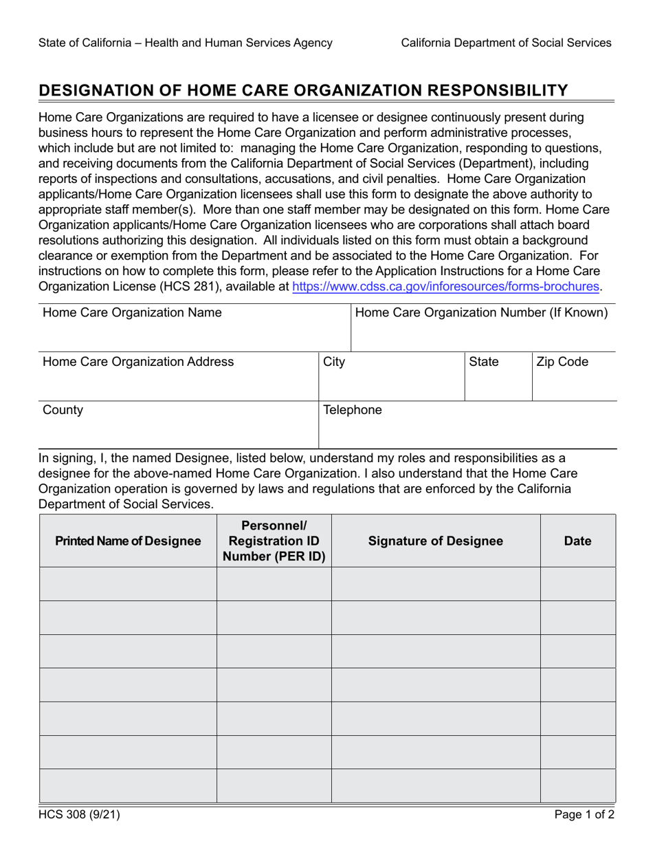 Form HCS308 Designation of Home Care Organization Responsibility - California, Page 1