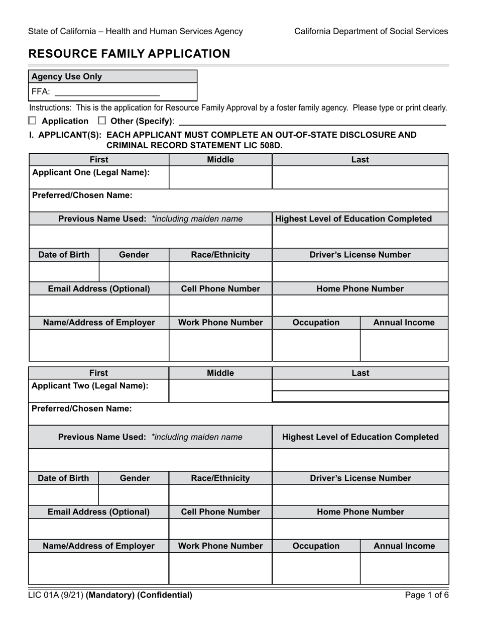 Form LIC01A Resource Family Application - California, Page 1