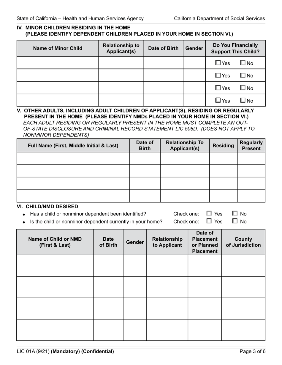 Form LIC01A Resource Family Application - California, Page 3
