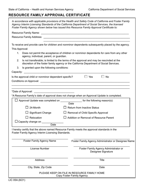 Form LIC05A Resource Family Approval Certificate - California