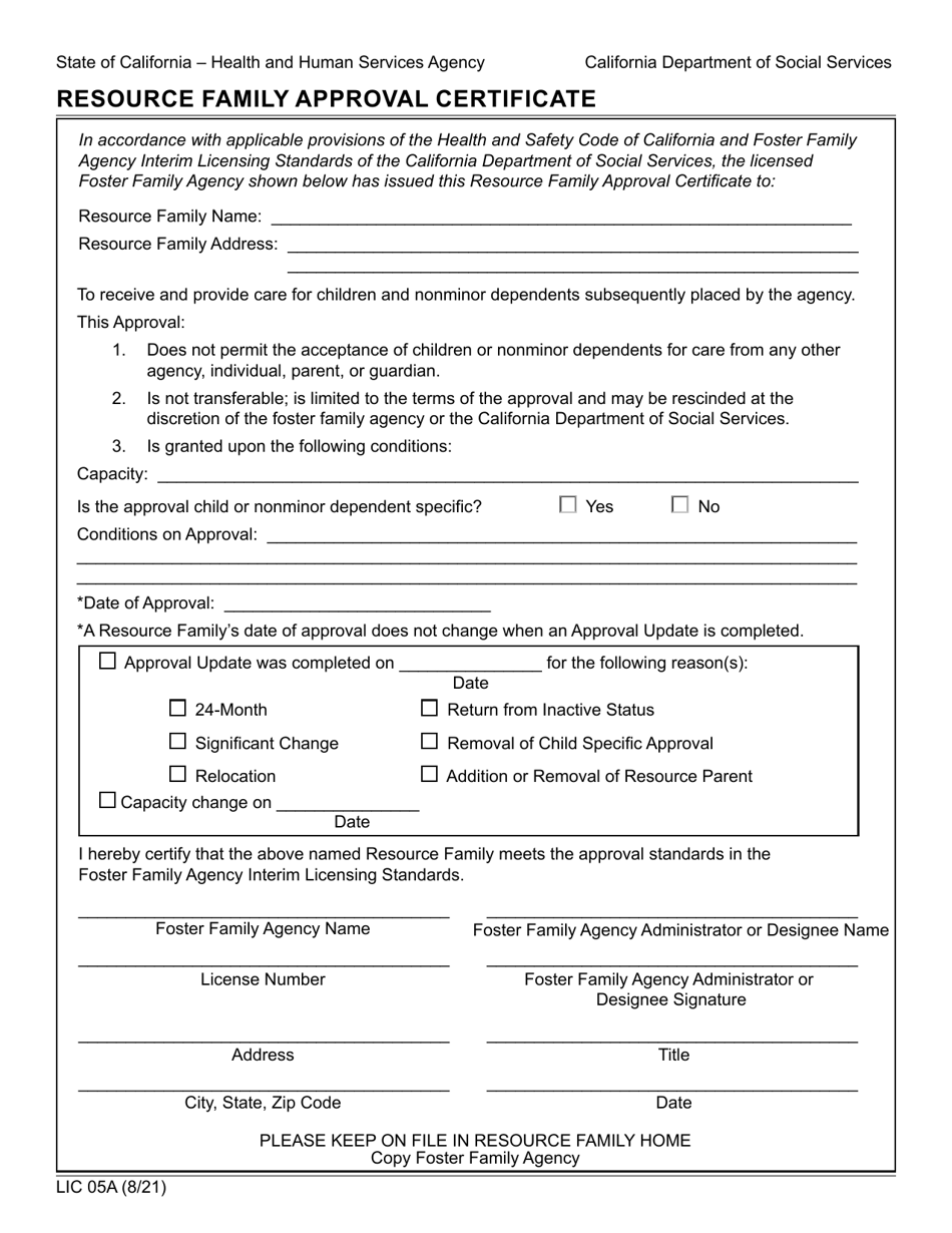 Form LIC05A Download Fillable PDF or Fill Online Resource Family ...