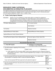 Form LIC12 Resource Family Approval Documented Alternative Plan (Dap) - California