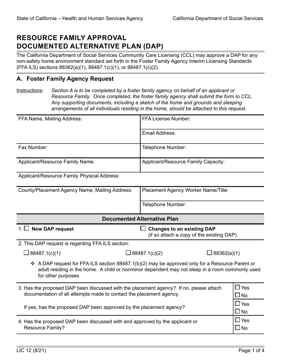 Form LIC12 Resource Family Approval Documented Alternative Plan (Dap) - California, Page 1