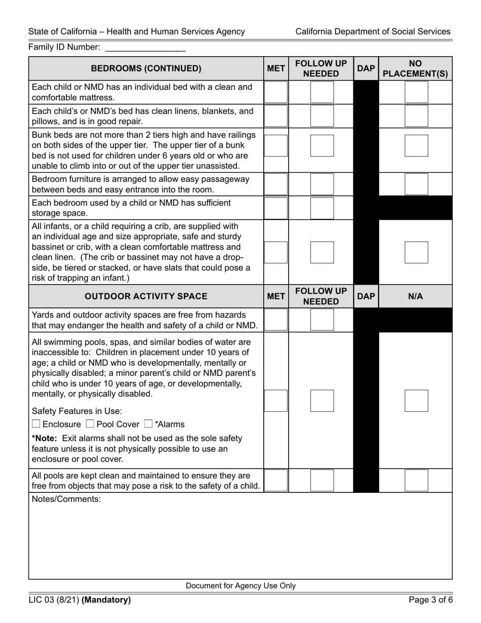 Form LIC03 Resource Family Home Health and Safety Assessment Checklist - California, Page 3