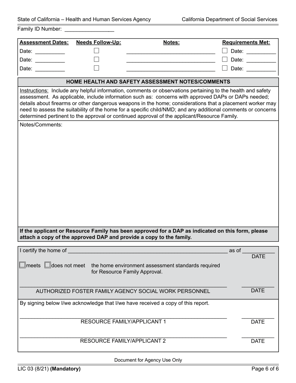 Form LIC03 Resource Family Home Health and Safety Assessment Checklist - California, Page 6