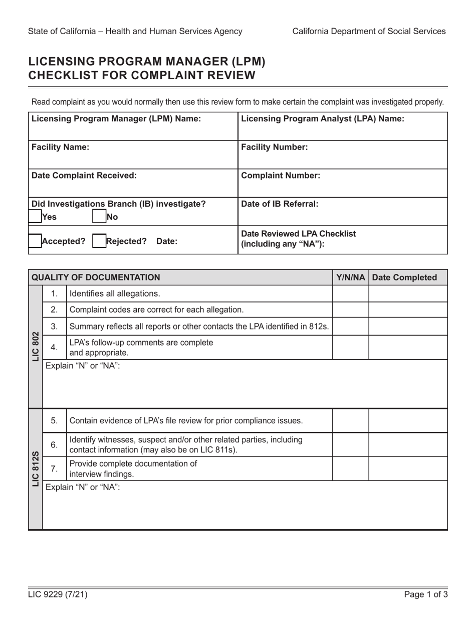 Form LIC9229 Licensing Program Manager (Lpm) Checklist for Complaint Review - California, Page 1