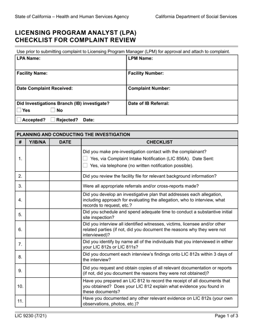 Form LIC9230 Licensing Program Analyst (Lpa) Checklist for Complaint Review - California