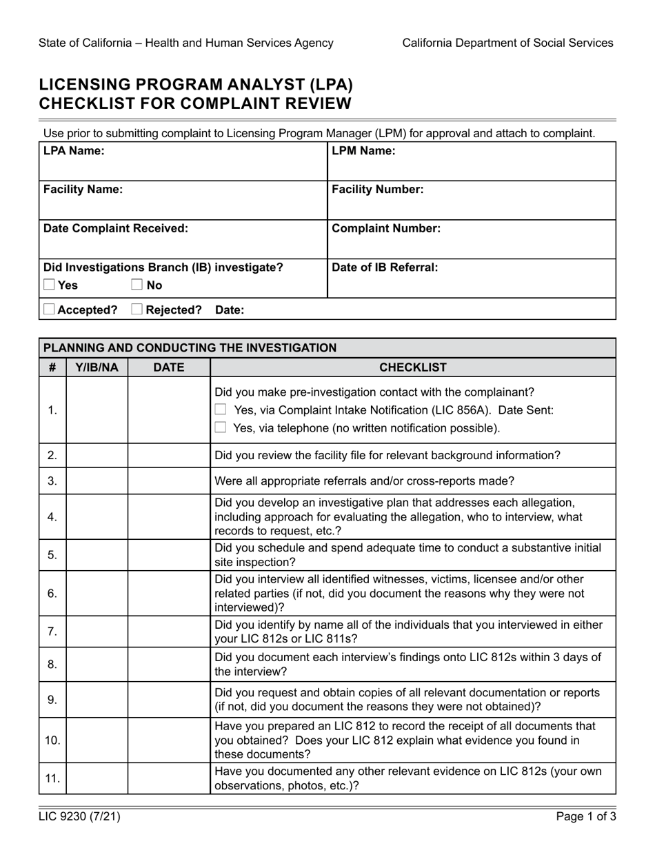 Form LIC9230 Licensing Program Analyst (Lpa) Checklist for Complaint Review - California, Page 1