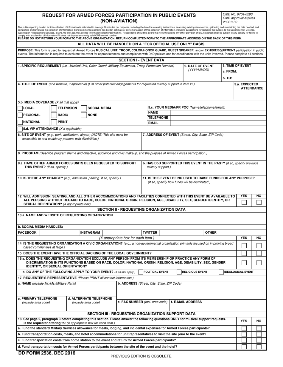 DD Form 2536 Request for Armed Forces Participation in Public Events (Non-aviation), Page 1