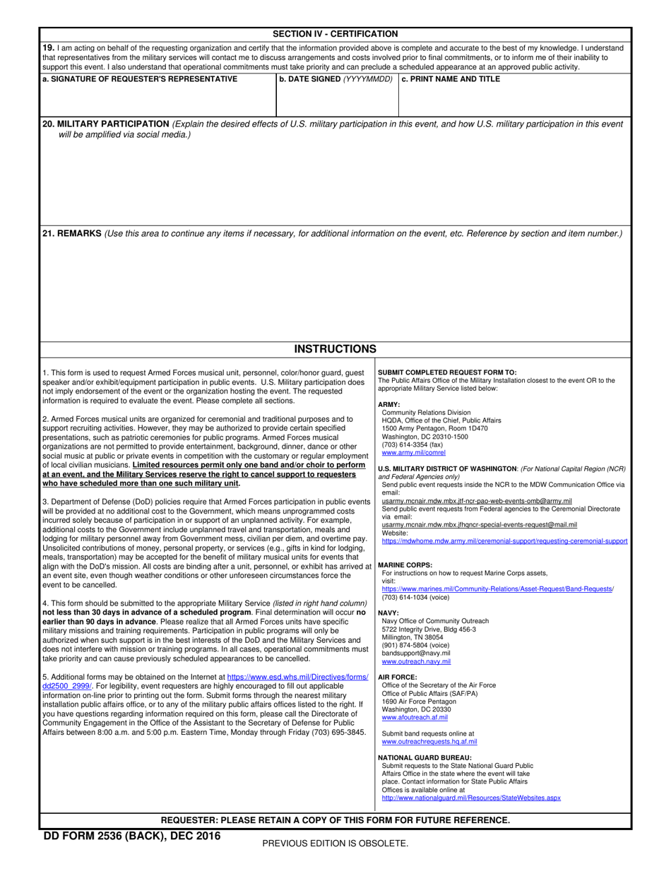 DD Form 2536 Request for Armed Forces Participation in Public Events (Non-aviation), Page 2