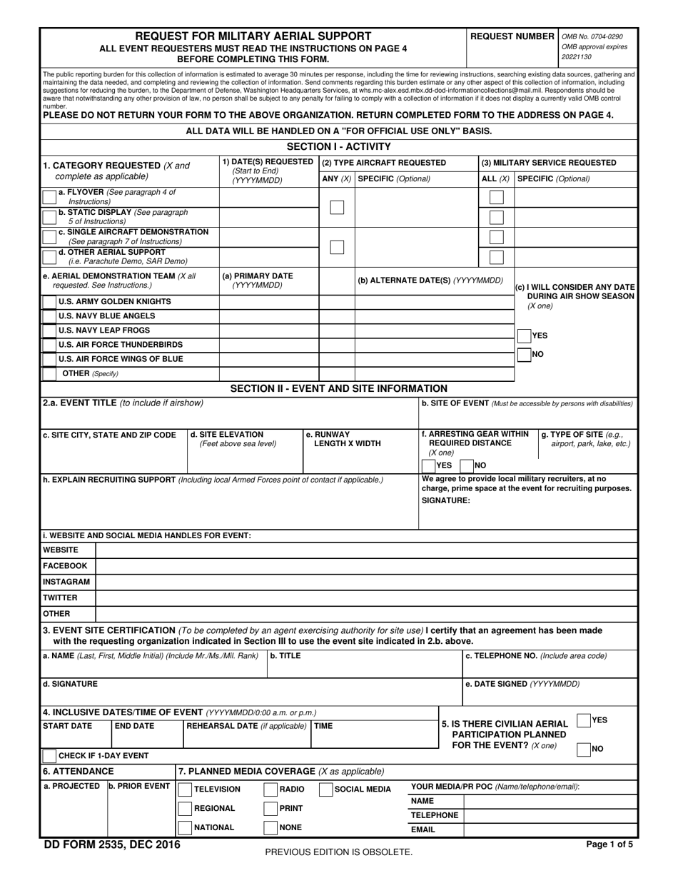 DD Form 2535 Request for Military Aerial Support, Page 1