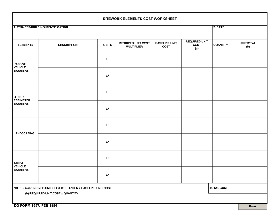 DD Form 2687 Sitework Elements Cost Worksheet, Page 1