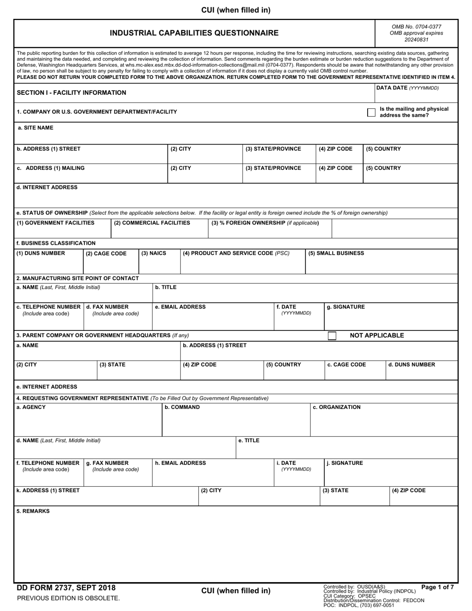 DD Form 2737 Industrial Capabilities Questionnaire, Page 1