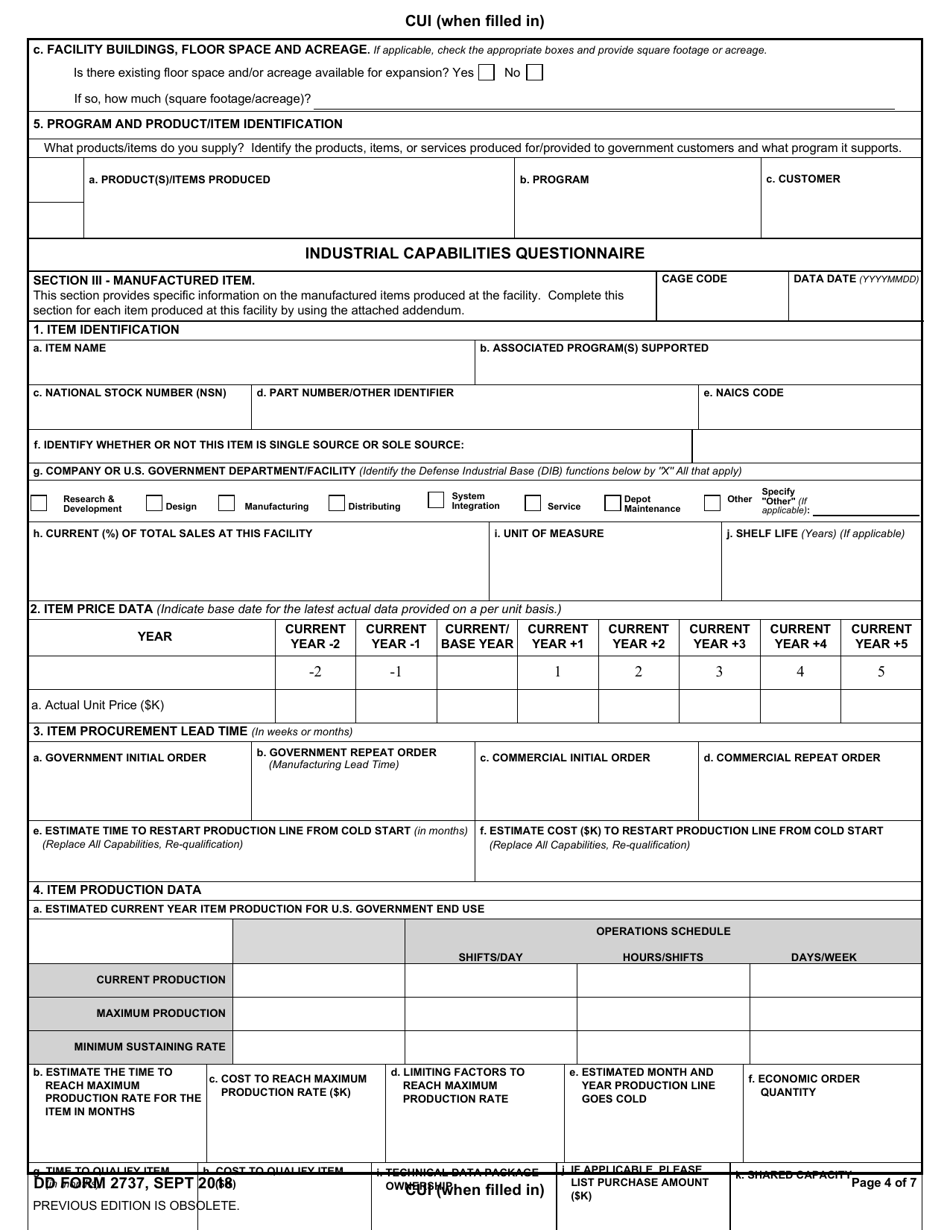 DD Form 2737 Industrial Capabilities Questionnaire, Page 4