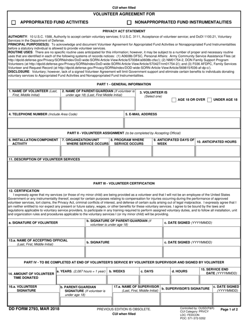 DD Form 2793 Volunteer Agreement for Appropriated Fund Activities/Nonappropriated Fund Instrumentalities