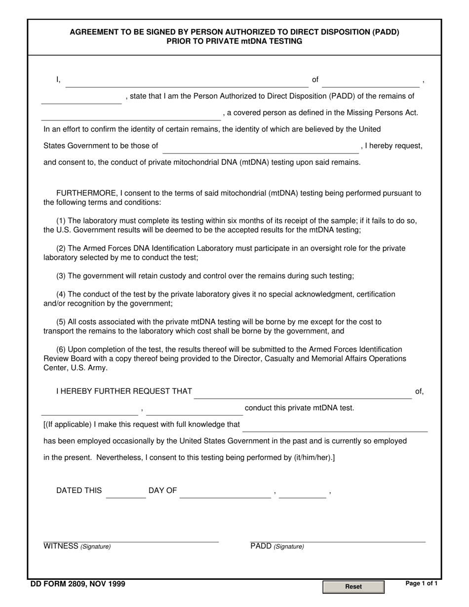 DD Form 2809 Agreement to Be Signed by Person Authorized to Direct Disposition (Padd) Prior to Private Mtdna Testing, Page 1