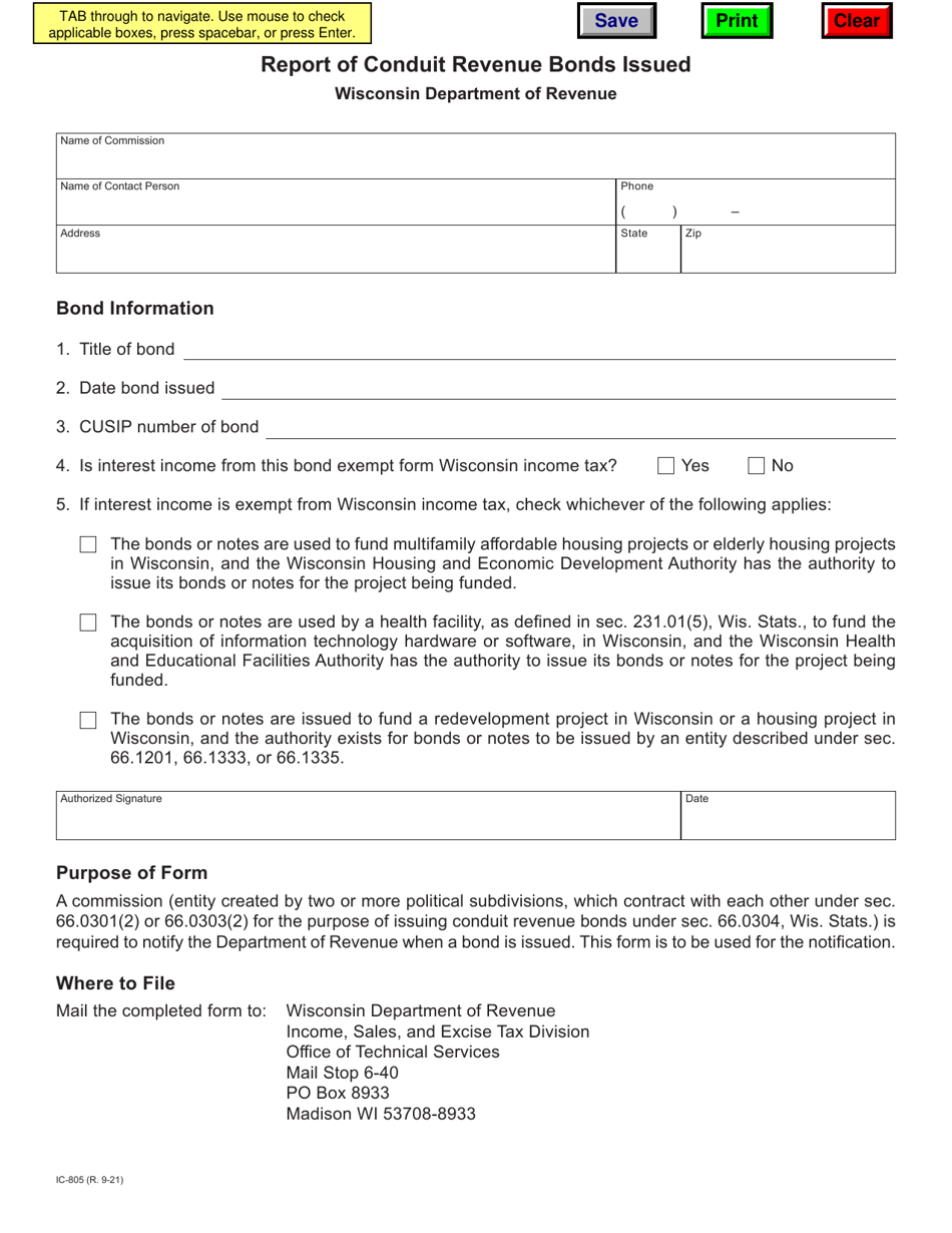 Form IC-805 Report of Conduit Revenue Bonds Issued - Wisconsin, Page 1
