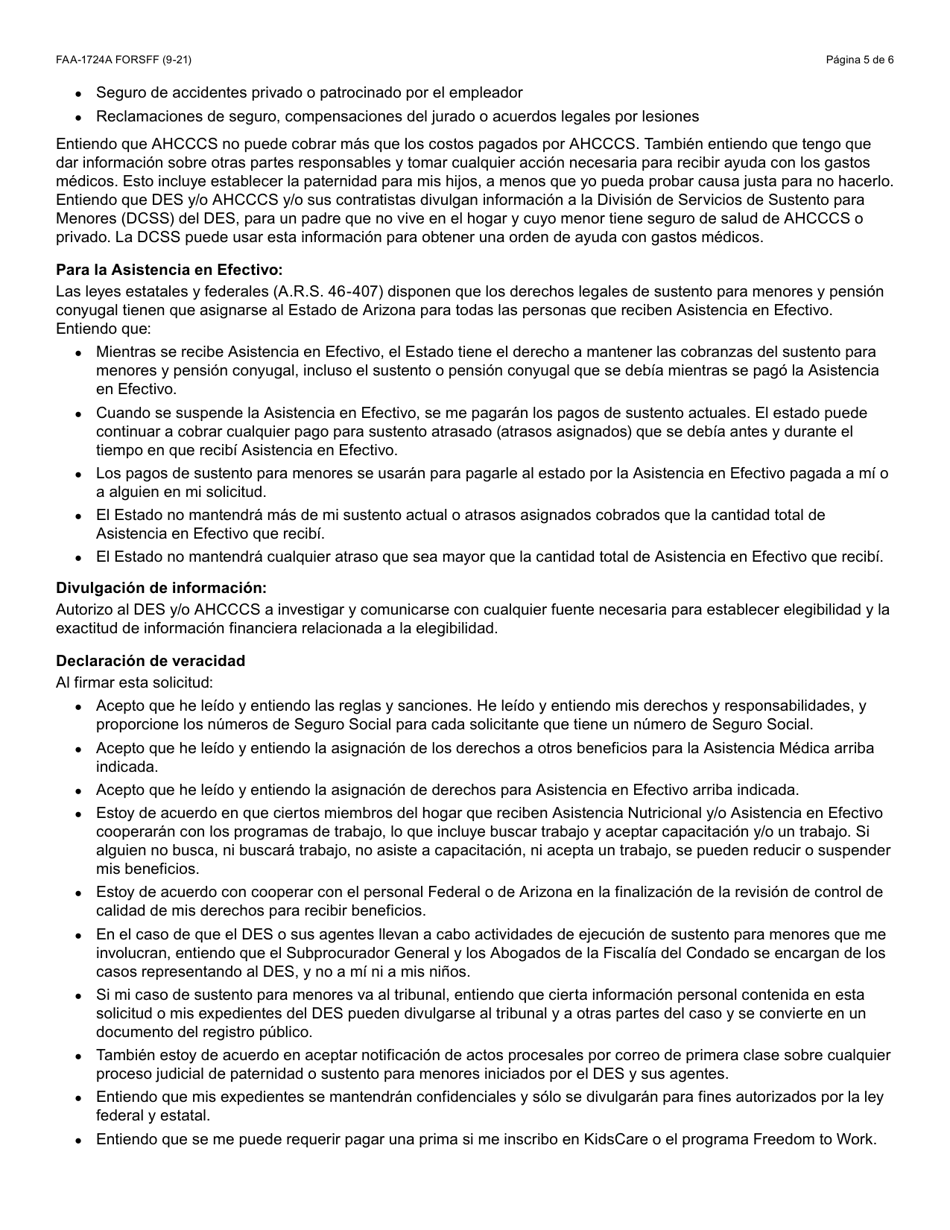 Formulario FAA-1724A-S Paginas De Firma De La Solicitud - Arizona (Spanish), Page 5