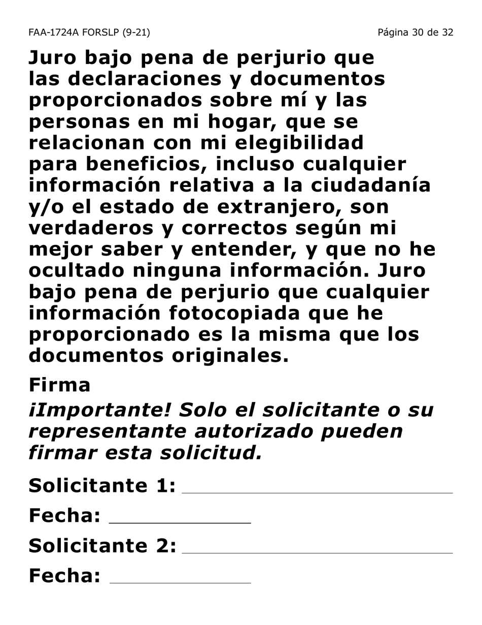 Formulario FAA-1724A-SLP Paginas De Firma De La Solicitud (Letra Grande) - Arizona (Spanish), Page 30