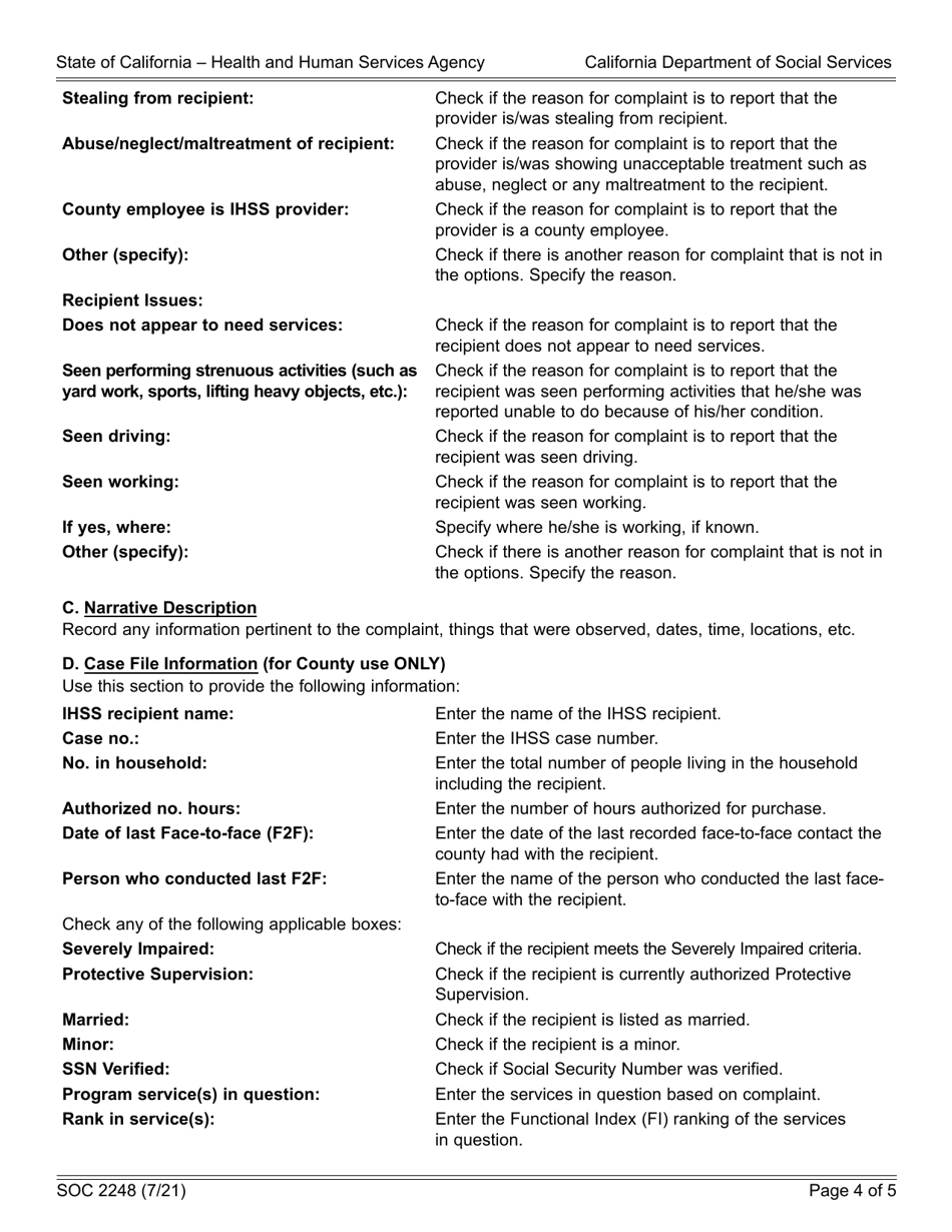Form SOC2248 Ihss Complaint of Suspected Fraud Form - California, Page 4