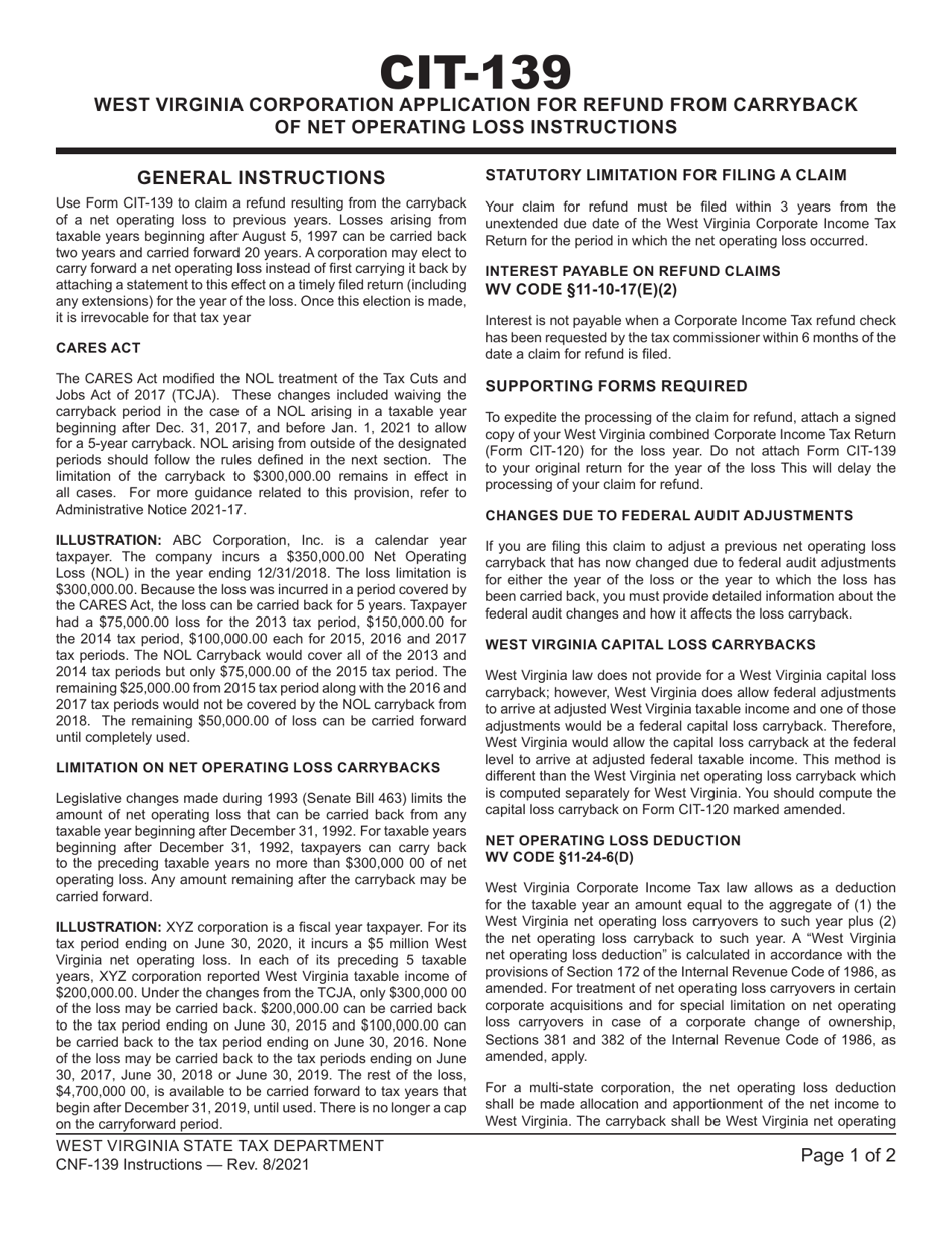 Download Instructions for Form CIT139 West Virginia Corporation