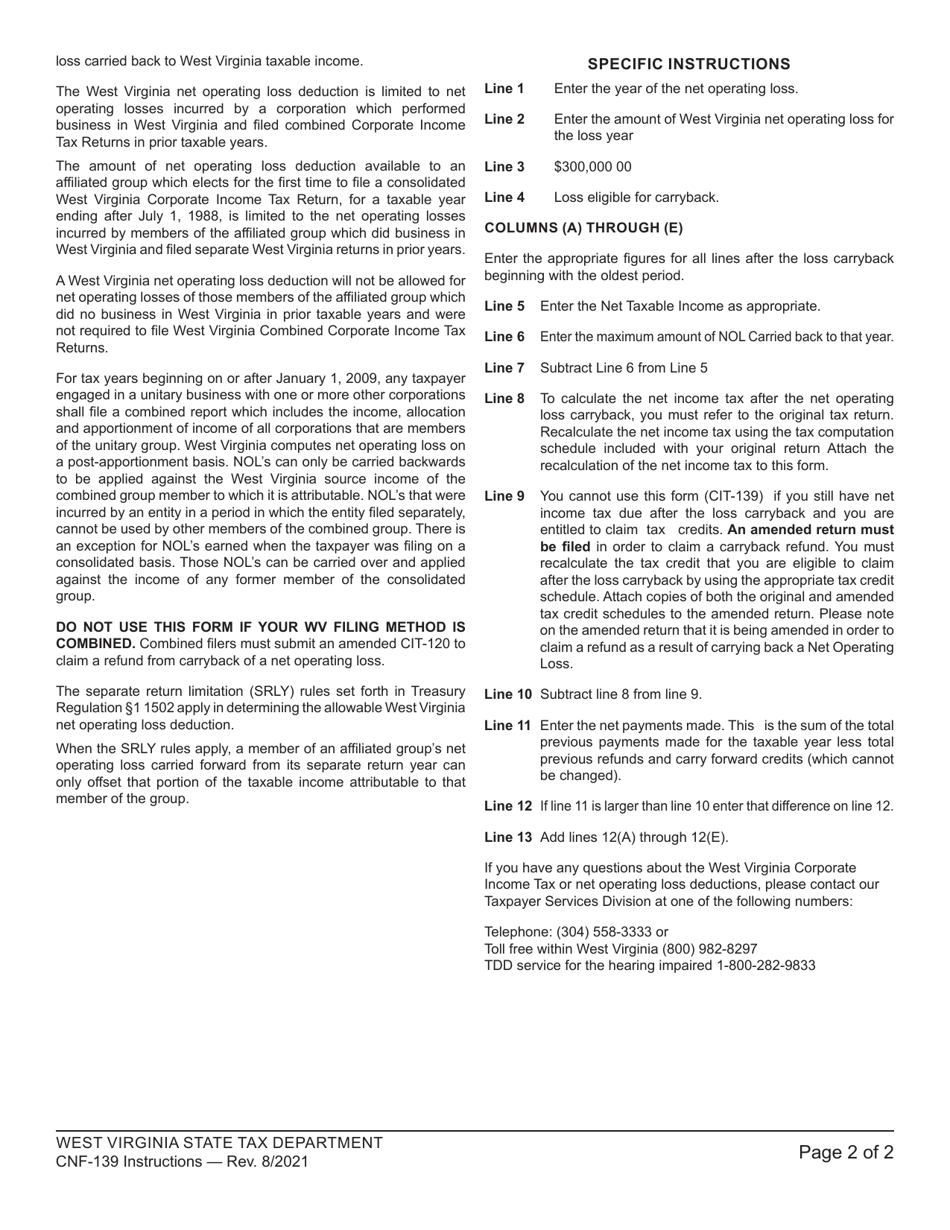 Instructions for Form CIT-139 West Virginia Corporation Application for Refund From Carryback of Net Operating Loss - West Virginia, Page 2