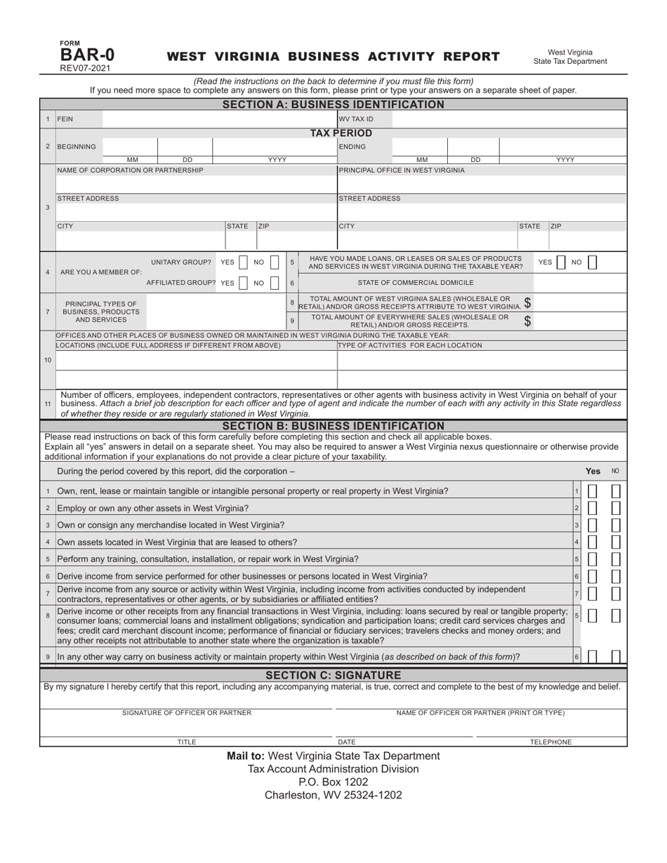 Form BAR-0 Download Printable PDF or Fill Online West Virginia Business ...