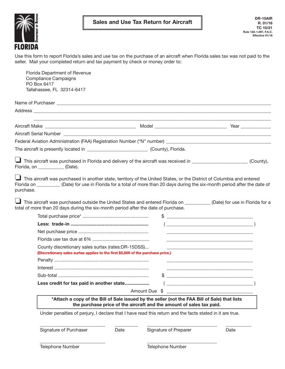 Form DR-15AIR Sales and Use Tax Return for Aircraft - Florida, Page 1