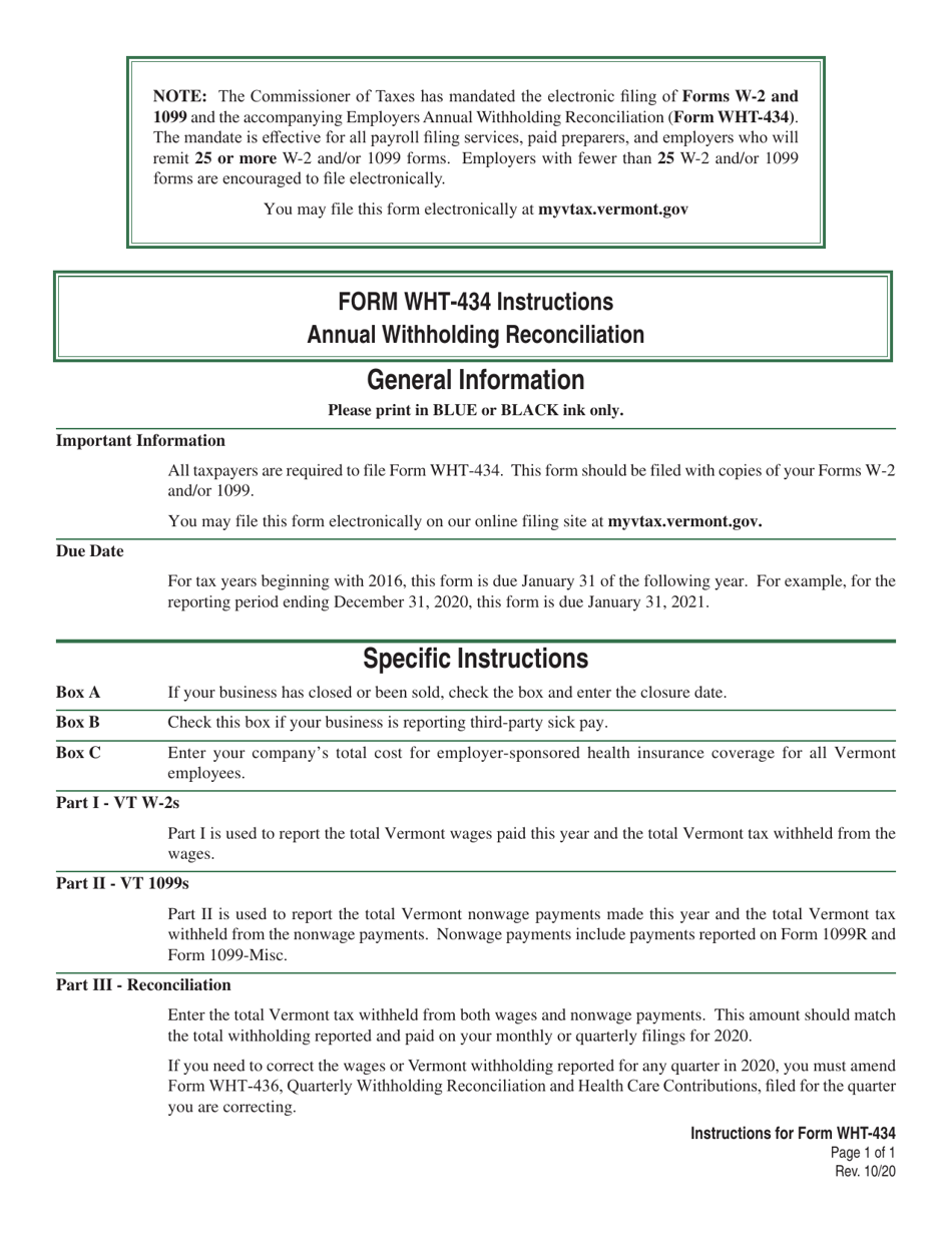 Instructions for VT Form WHT-434 Annual Withholding Reconciliation - Vermont, Page 1