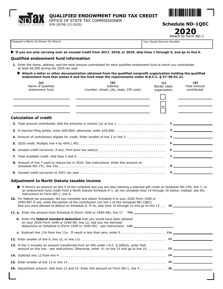 Form SFN28708 Schedule ND-1QEC Qualified Endowment Fund Tax Credit - North Dakota, Page 1