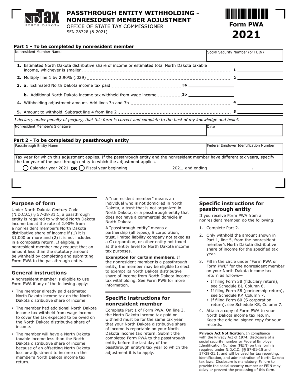 Form PWA (SFN28728) Download Printable PDF or Fill Online Passthrough