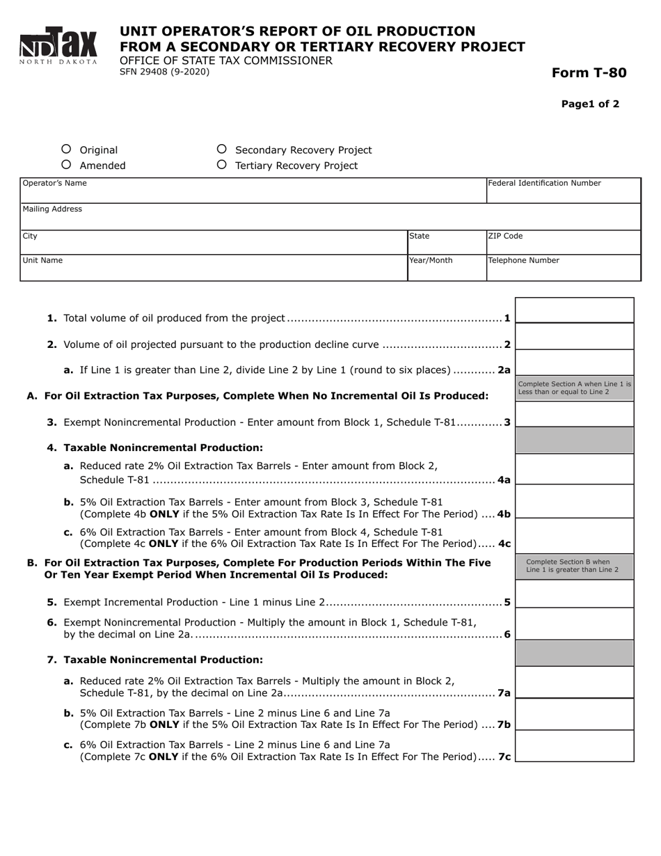 Form T-80 (SFN29408) Unit Operators Report of Oil Production From a Secondary or Tertiary Recovery Project - North Dakota, Page 1