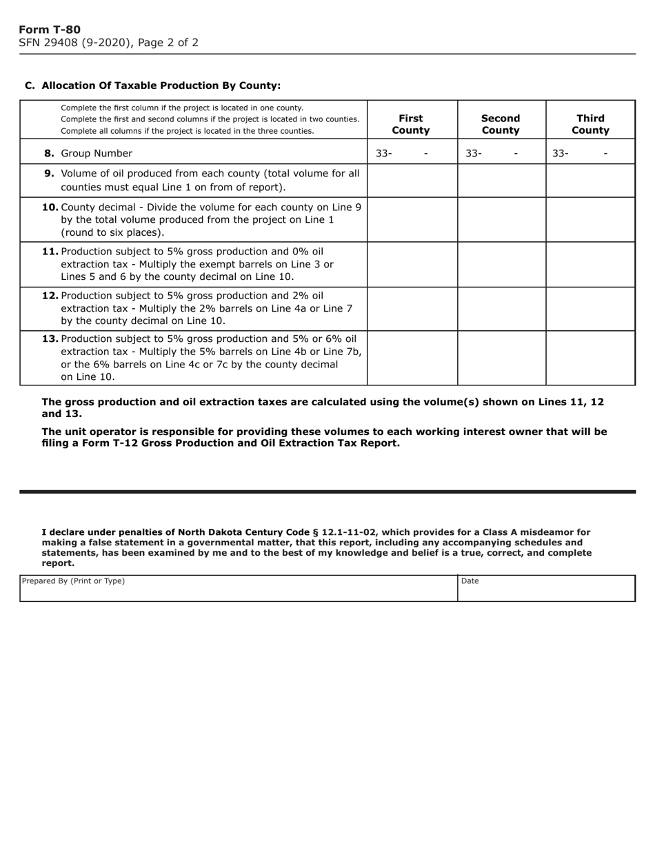 Form T-80 (SFN29408) Unit Operators Report of Oil Production From a Secondary or Tertiary Recovery Project - North Dakota, Page 2