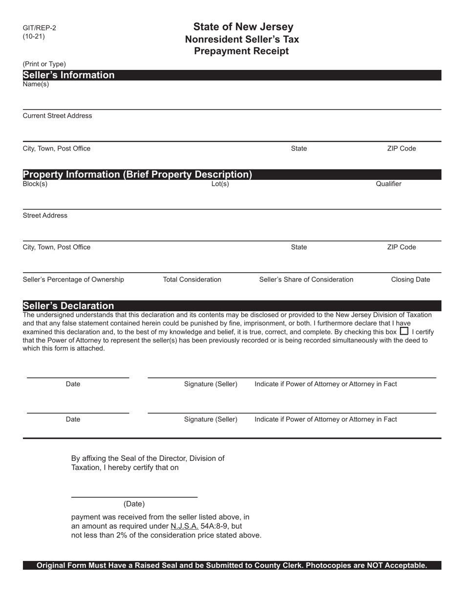 Form GIT / REP-2 Nonresident Sellers Tax Prepayment Receipt - New Jersey, Page 1