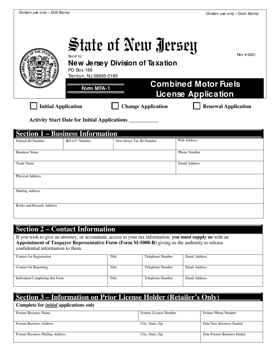 Form MFA-1 Combined Motor Fuels License Application - New Jersey, Page 1