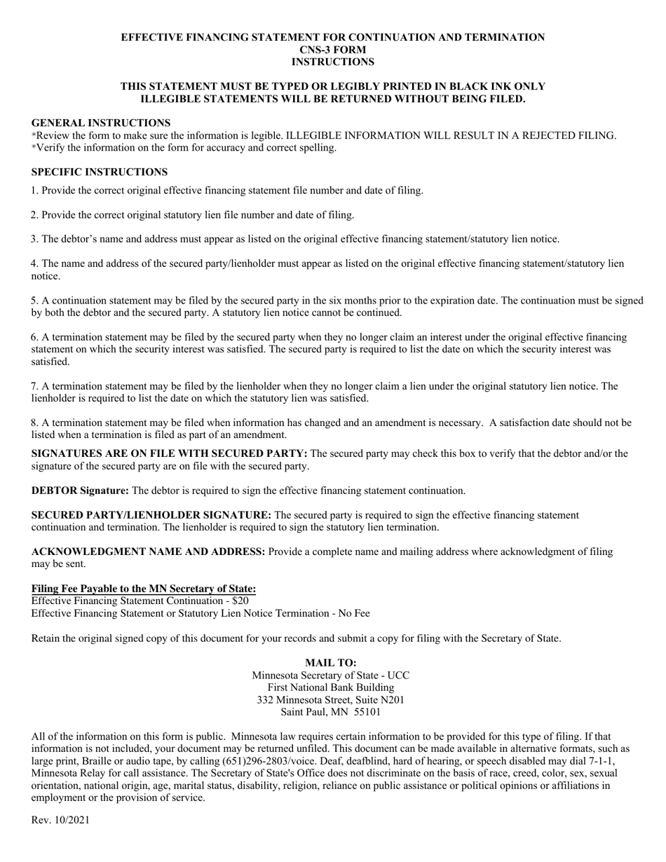 Form CNS-3 Effective Financing Statement / Statutory Lien Statement of Continuation and Termination - Minnesota, Page 2
