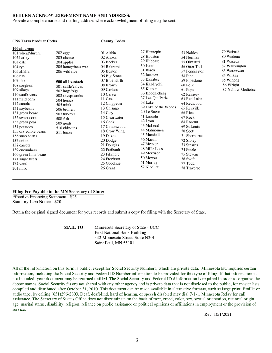 Form CNS-1 Effective Financing Statement (Efs) / Statutory Lien Notice - Minnesota, Page 3
