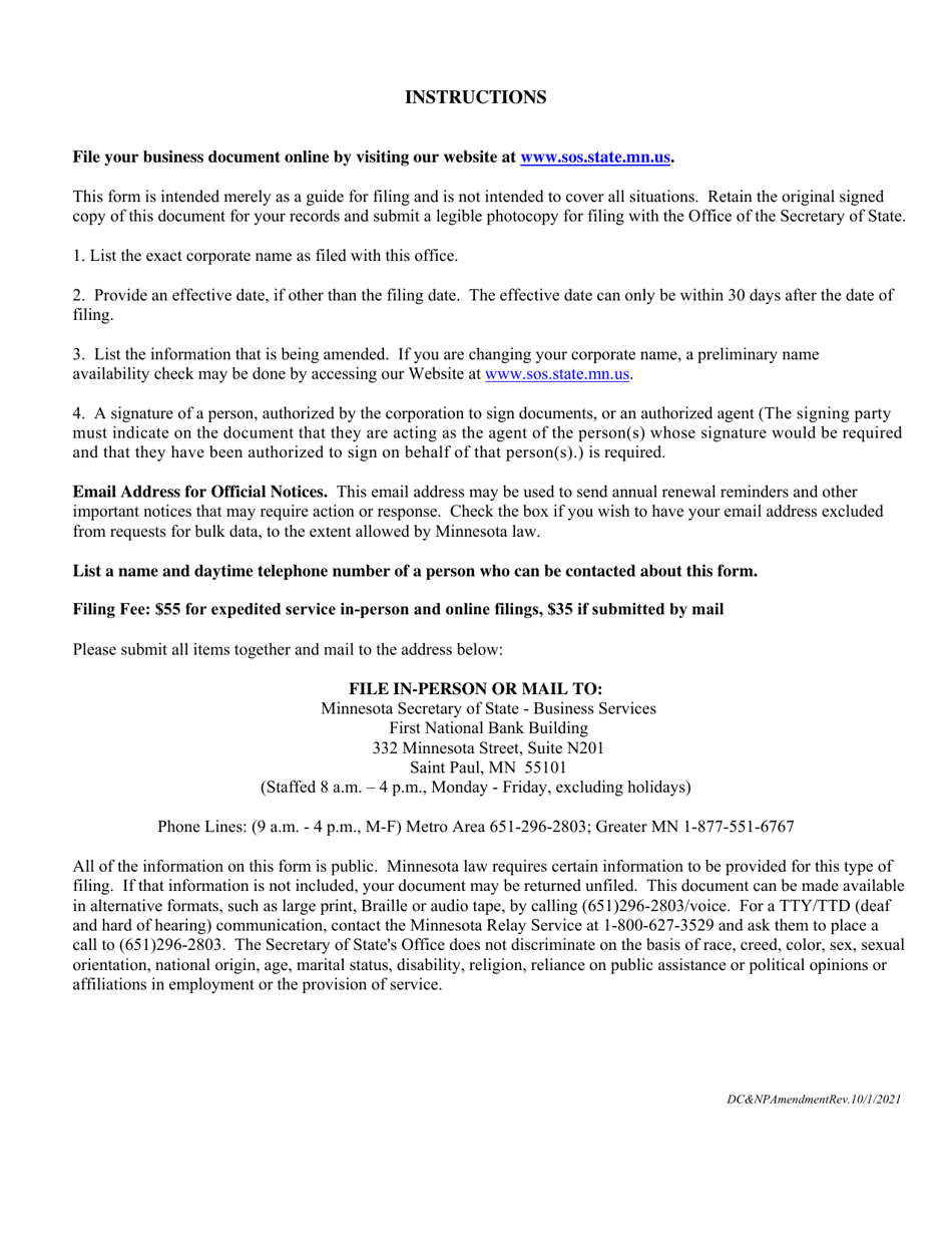 Minnesota Business  Nonprofit Corporations Amendment to Articles of Incorporation - Minnesota, Page 2