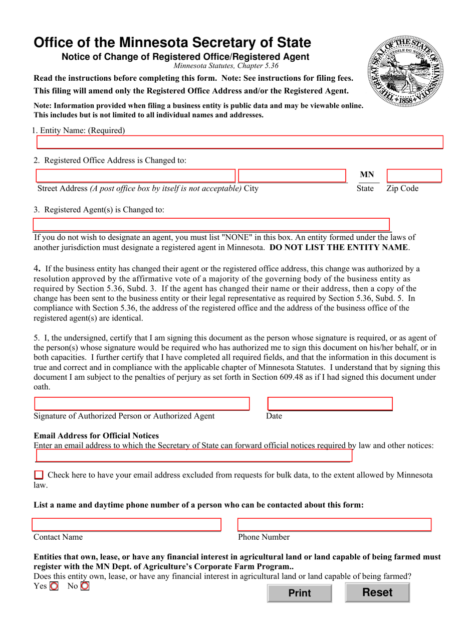 Notice of Change of Registered Office / Registered Agent - Minnesota, Page 1