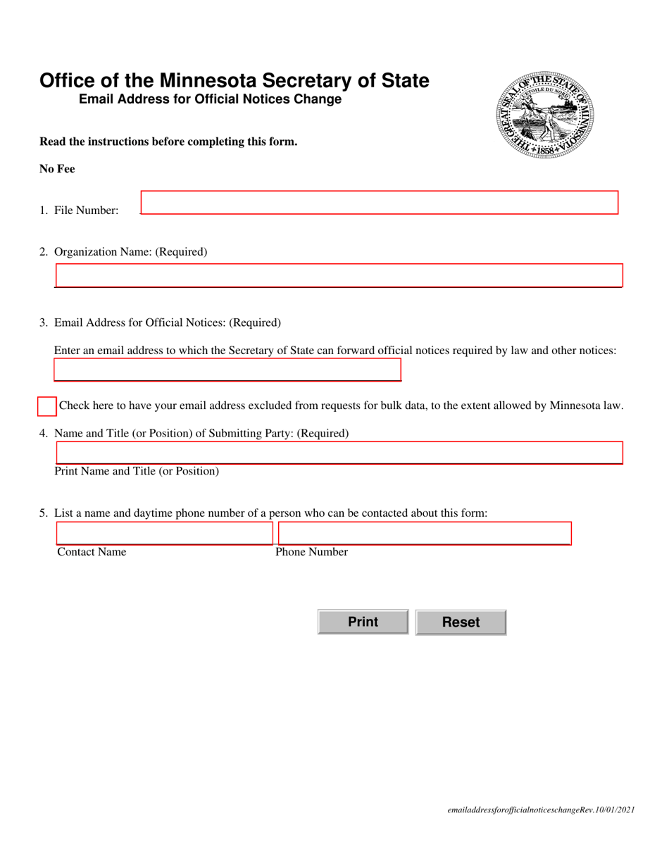 Minnesota Email Address for Official Notices Change Download Fillable