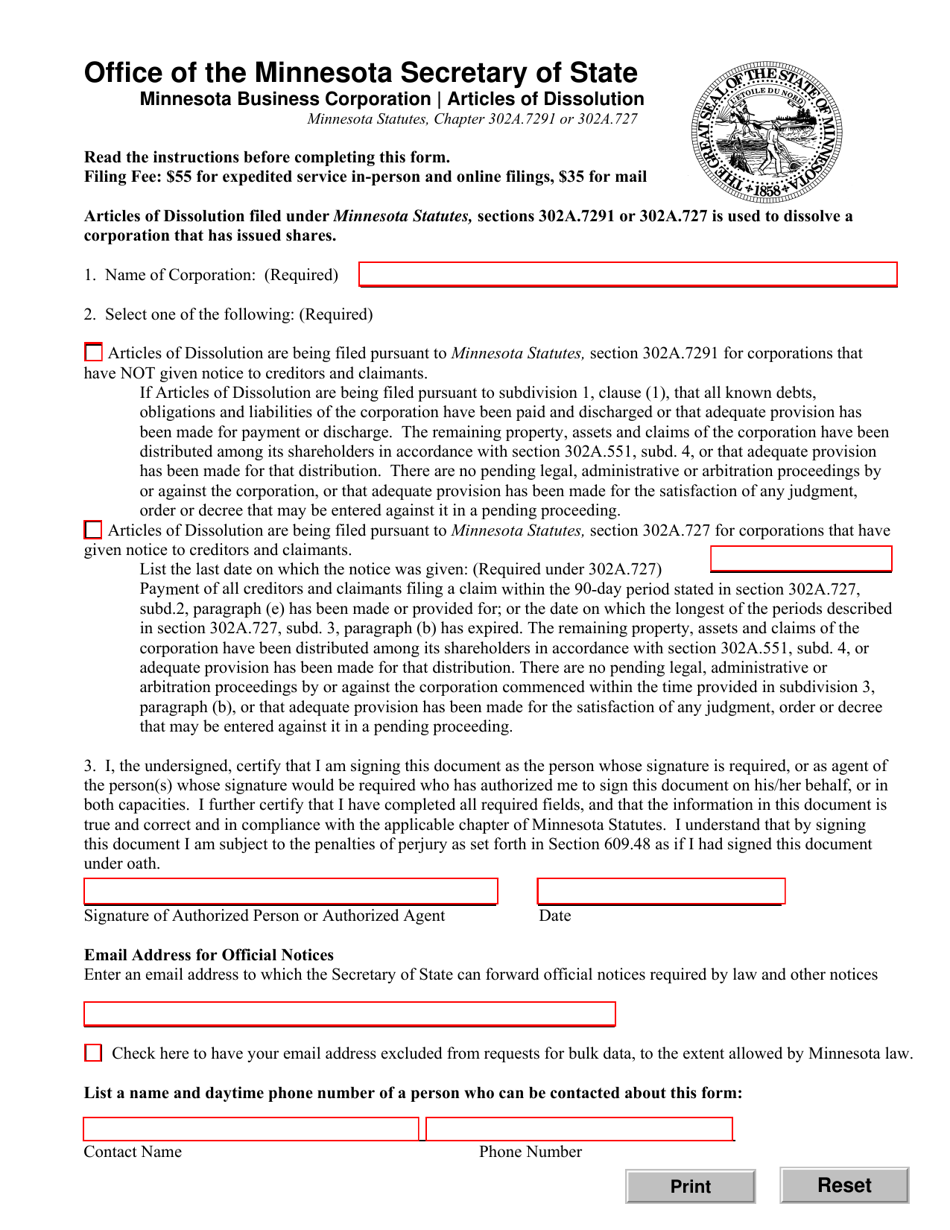 Minnesota Business Corporation Articles of Dissolution When Shares Have Been Issued - Minnesota, Page 1