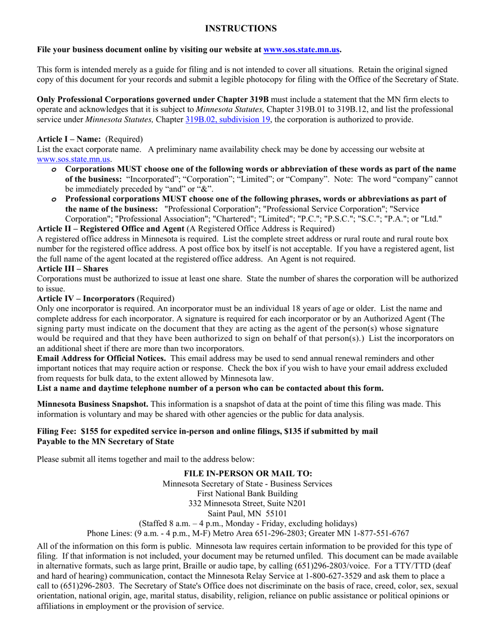 Minnesota Business Corporation Articles of Incorporation - Minnesota, Page 4