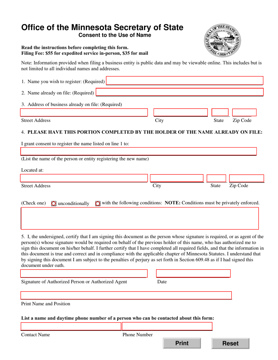 Consent to the Use of Name - Minnesota, Page 1
