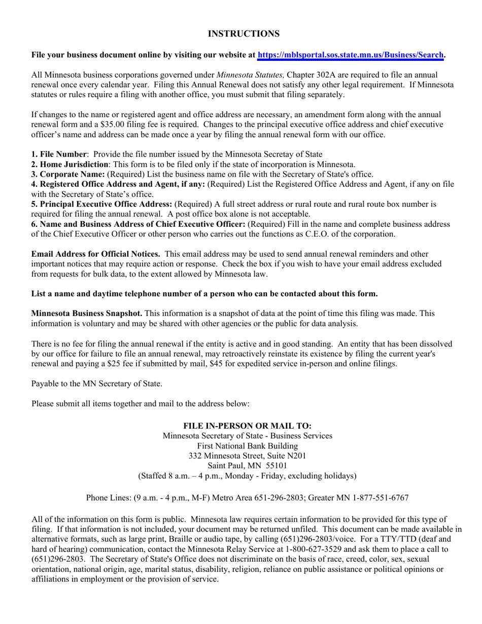 Minnesota Business Corporation Annual Renewal - Minnesota, Page 3