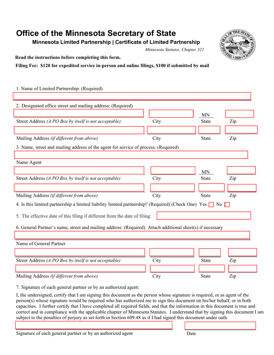 Certificate of Minnesota Limited Partnership - Minnesota, Page 1