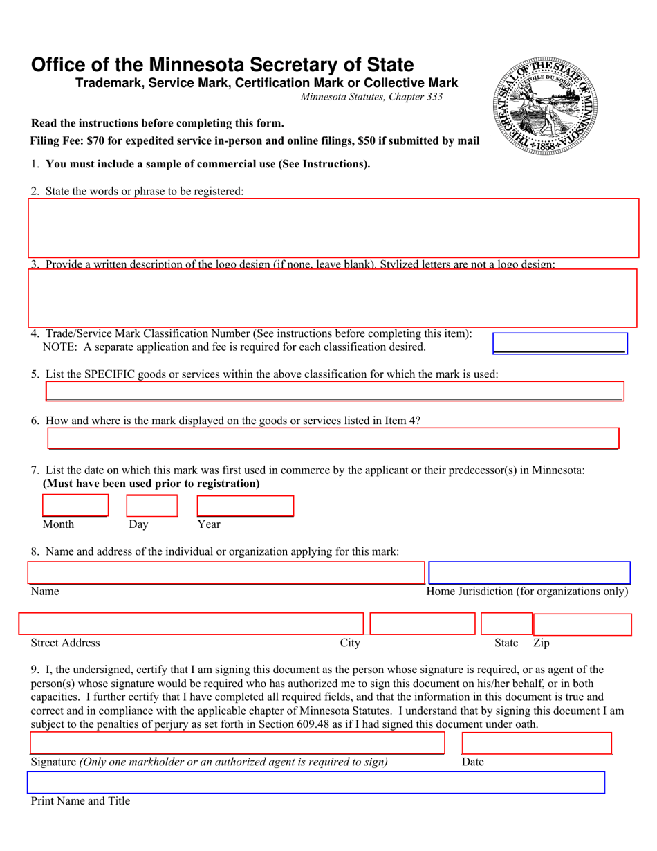 Registration of Trademark, Service Mark, Certification Mark or Collective Mark - Minnesota, Page 1