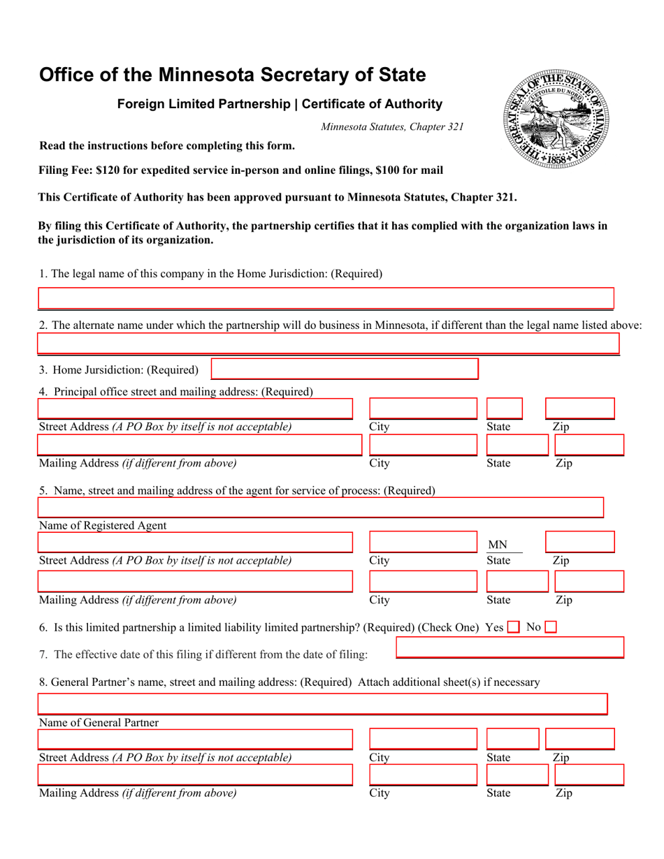 Minnesota Foreign Limited Partnership Certificate of Authority Download ...