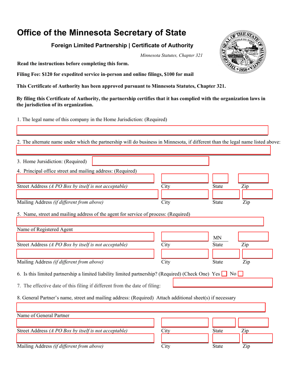 Foreign Limited Partnership Certificate of Authority - Minnesota, Page 1